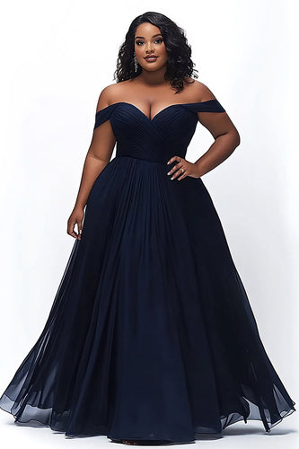 Navy Off the Shoulder Ruched A Line Plus Size Prom Dress