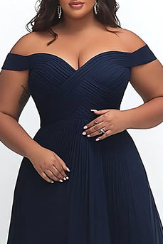 Simple A Line Navy Off the Shoulder Ruched Plus Size Prom Dress