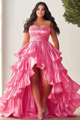 Pink Strapless A Line Tiered High Low Plus Size Prom Dress