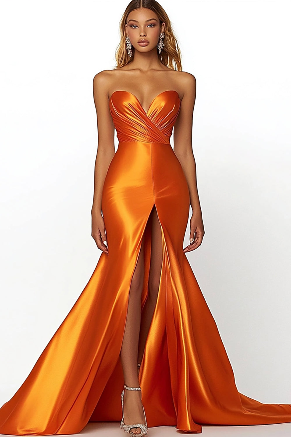 Orange Satin Sweetheart Long Mermaid Prom Dress with Slit
