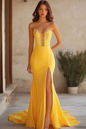 Yellow Satin Sweetheart Long Mermaid Prom Dress with Lace