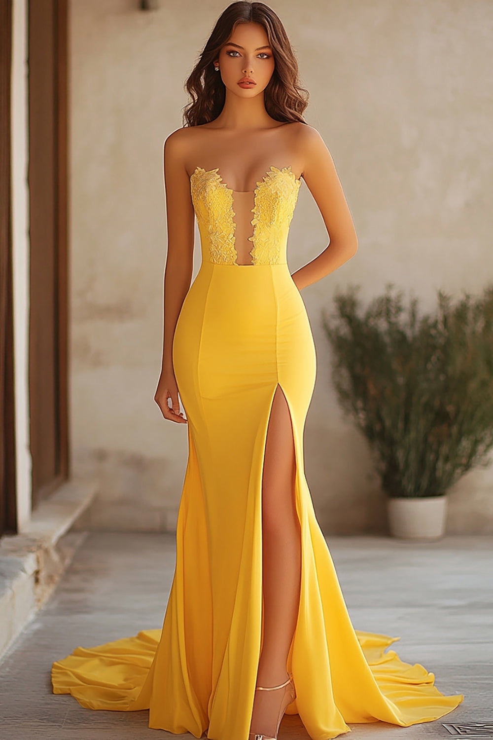 Yellow Satin Sweetheart Long Mermaid Prom Dress with Lace