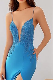 Royal Blue Spaghetti Straps Long Mermaid Prom Dress with Lace