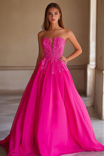 Fuchsia Satin Strapless Long Ball Gown Prom Dress with Lace