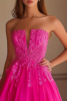 Load image into Gallery viewer, Fuchsia Satin Strapless Long Ball Gown Prom Dress with Lace