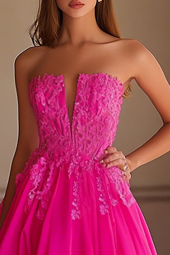 Fuchsia Satin Strapless Long Ball Gown Prom Dress with Lace