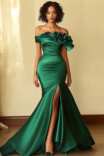 Dark Green One Shoulder Long Mermaid Prom Dress with Slit