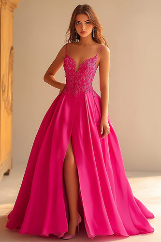 Fuchsia Satin Spaghetti Straps Long Ball Gown Prom Dress with Lace