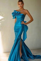 Load image into Gallery viewer, Royal Blue Satin One Shoulder Long Mermaid Prom Dress with Slit
