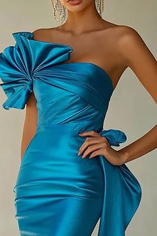 Royal Blue Satin One Shoulder Long Mermaid Prom Dress with Slit
