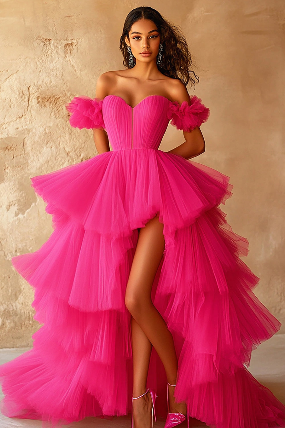 Fuchsia Sweetheart High-Low Ball Gown Prom Dress with Ruffles