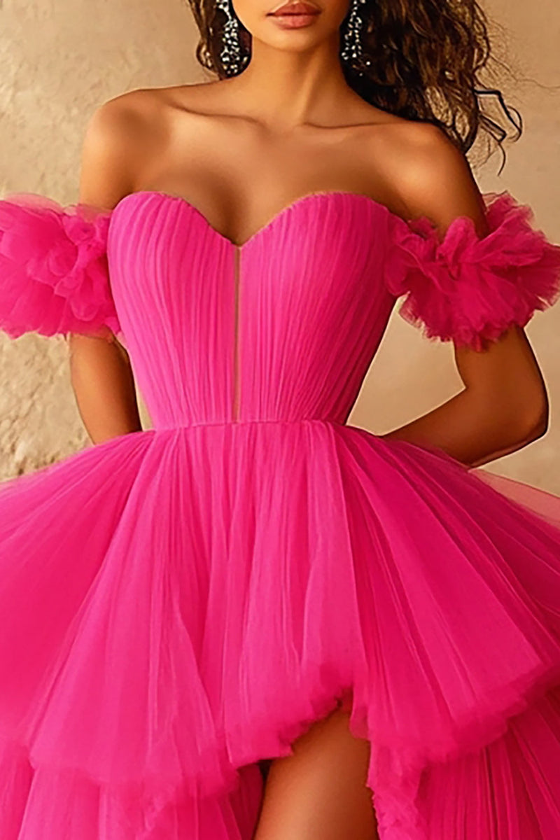 Load image into Gallery viewer, Fuchsia Sweetheart High-Low Ball Gown Prom Dress with Ruffles