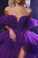 Load image into Gallery viewer, Plum Tulle Sweetheart Long Ball Gown Prom Dress with Lace