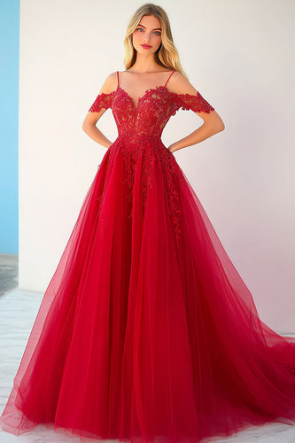 Red Tulle Cold Shoulder Long Ball Gown Prom Dress with Lace