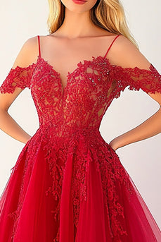 Red Tulle Cold Shoulder Long Ball Gown Prom Dress with Lace