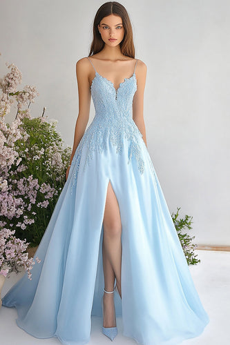 Sky Blue Organza Spaghetti Straps Long A-Line Prom Dress with Lace