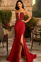 Load image into Gallery viewer, Red Satin Spaghetti Straps Long Mermaid Prom Dress with Lace