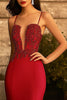 Load image into Gallery viewer, Red Satin Spaghetti Straps Long Mermaid Prom Dress with Lace