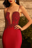 Load image into Gallery viewer, Red Satin Spaghetti Straps Long Mermaid Prom Dress with Lace