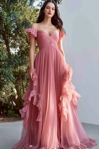 Dusty Rose Tulle Off The Shoulder Long A Line Prom Dress with Ruffles