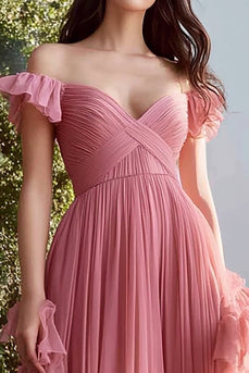 Dusty Rose Tulle Off The Shoulder Long A Line Prom Dress with Ruffles
