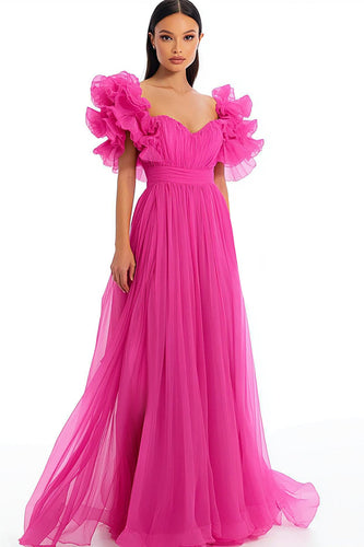 Fuchsia Organza Sweetheart Long A Line Prom Dress with Ruffles