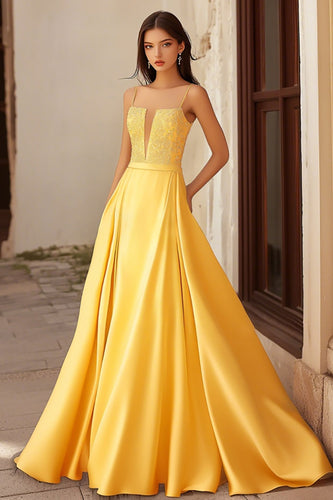 Yellow Satin Spaghetti Straps Long A-Line Prom Dress with Lace