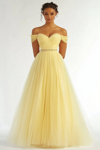 Daffodil Organza Off The Shoulder Long Ball Gown Prom Dress with Beading