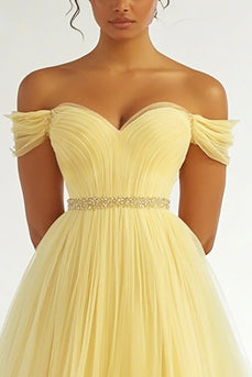 Daffodil Organza Off The Shoulder Long Ball Gown Prom Dress with Beading