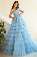 Load image into Gallery viewer, Sky Blue Organza One Shoulder Ball Gown Long Prom Dress with Ruffles