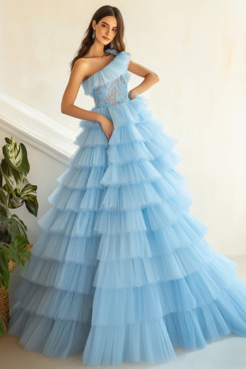 Sky Blue Organza One Shoulder Ball Gown Long Prom Dress with Ruffles