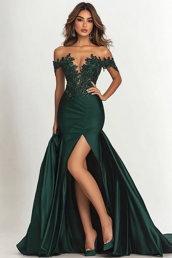 Dark Green Satin Off The Shoulder Long Mermaid Prom Dress with Lace