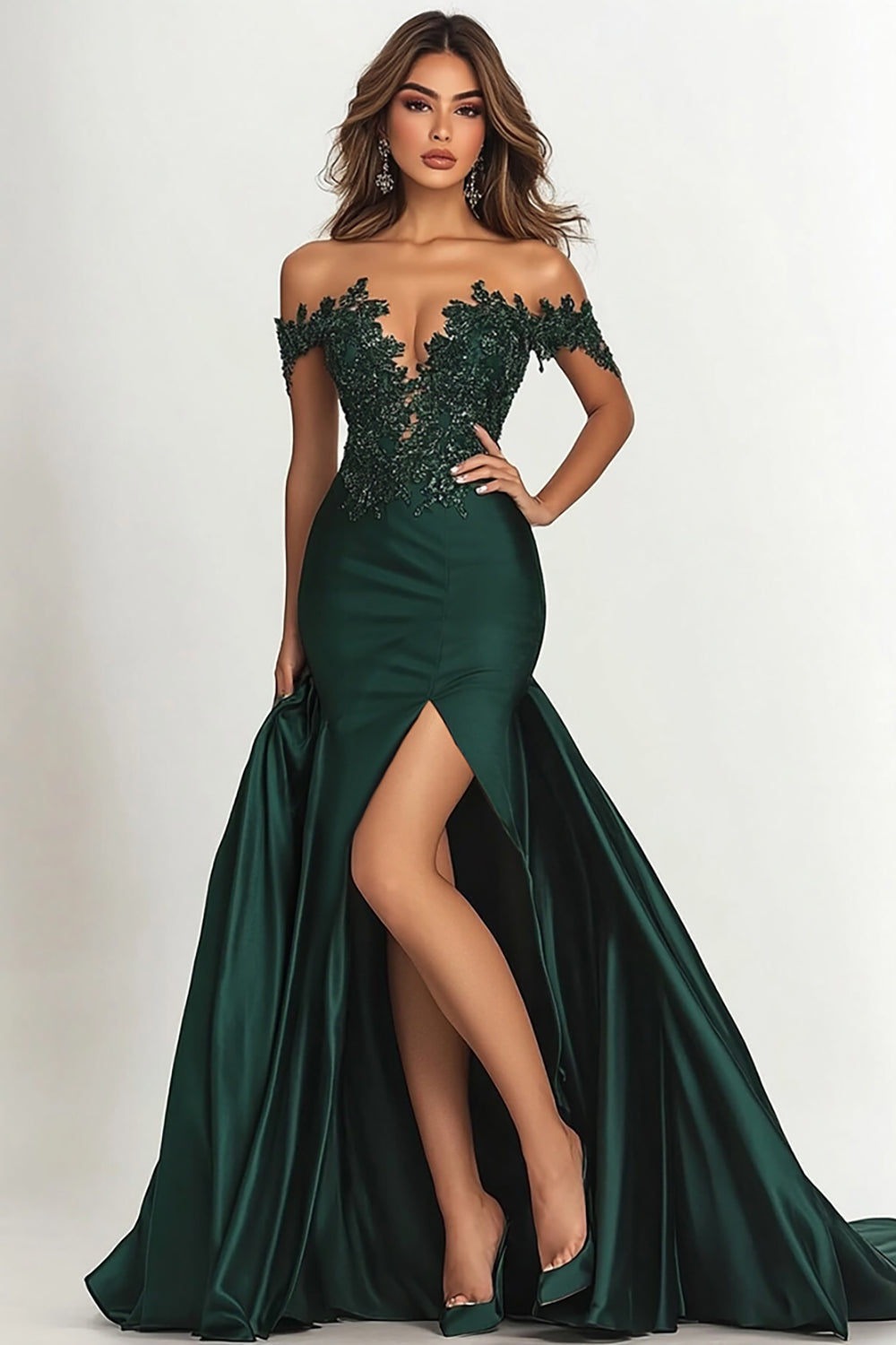 Dark Green Satin Off The Shoulder Long Mermaid Prom Dress with Lace