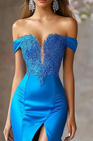 Load image into Gallery viewer, Royal Blue Satin Off The Shoulder Long Mermaid Prom Dress with Lace