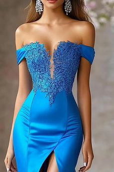 Royal Blue Satin Off The Shoulder Long Mermaid Prom Dress with Lace