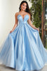 Load image into Gallery viewer, Sparkly Sky Blue Satin Spaghetti Straps Ball Gown Long Prom Dress