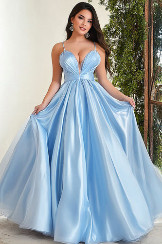 Sparkly Sky Blue Satin Spaghetti Straps Ball Gown Long Prom Dress