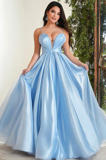 Sparkly Sky Blue Satin Spaghetti Straps Ball Gown Long Prom Dress