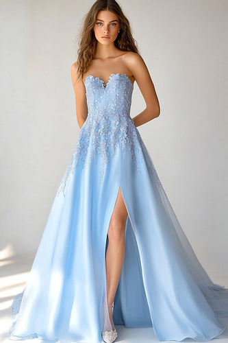 Sky Blue Sweetheart Long A Line Prom Dress with Slit