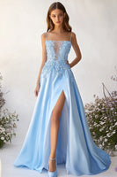 Load image into Gallery viewer, Sky Blue Satin A-Line Illusion Neck Long Prom Dress with Slit