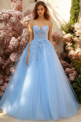 Sky Blue Tulle Spaghetti Straps Ball Gown Long Prom Dress with Lace