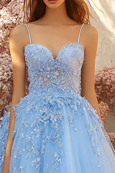Sky Blue Tulle Spaghetti Straps Ball Gown Long Prom Dress with Lace