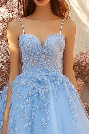 Sky Blue Tulle Spaghetti Straps Ball Gown Long Prom Dress with Lace