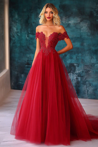 Red Tulle Off The Shoulder Long Ball Gown Prom Dress with Lace