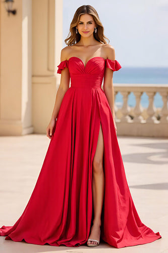 Red Satin Off The Shoulder Long A Line Prom Dress with Slit