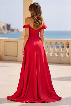 Red Satin Off The Shoulder Long A Line Prom Dress with Slit
