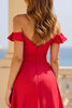 Load image into Gallery viewer, Red Satin Off The Shoulder Long A Line Prom Dress with Slit