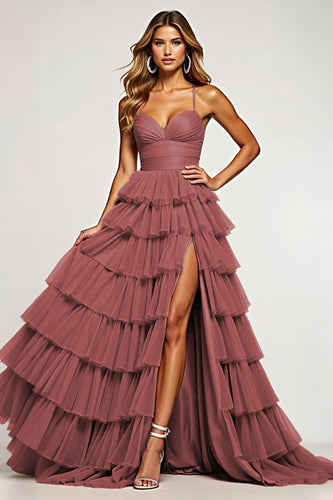 Desert Rose Tulle Long Ball Gown Prom Dress with Ruffles