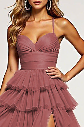 Desert Rose Tulle Long Ball Gown Prom Dress with Ruffles