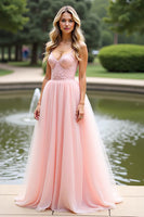 Load image into Gallery viewer, Pink Organza Spaghetti Straps Long A Line Prom Dress with Lace